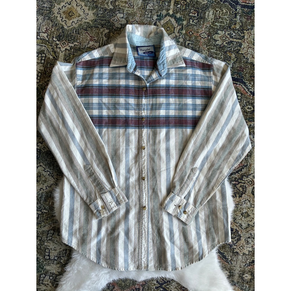 Wrangler VTG Plaid and Stripe Long Sleeve Button Down Shirt‎ Women's Sz Medium